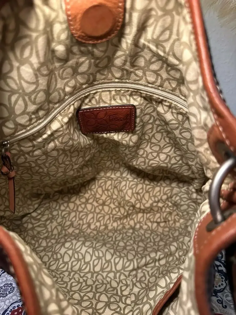 Fossil Brown Leather Hobo Shoulder Bag with Embossed Floral and Textured Details